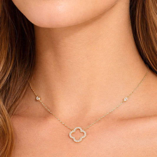 Gold Open Quatrefoil Pendant Station Chain Necklace