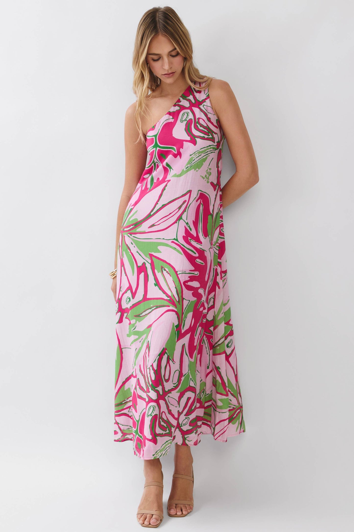One Shoulder Tropical Print Maxi Dress