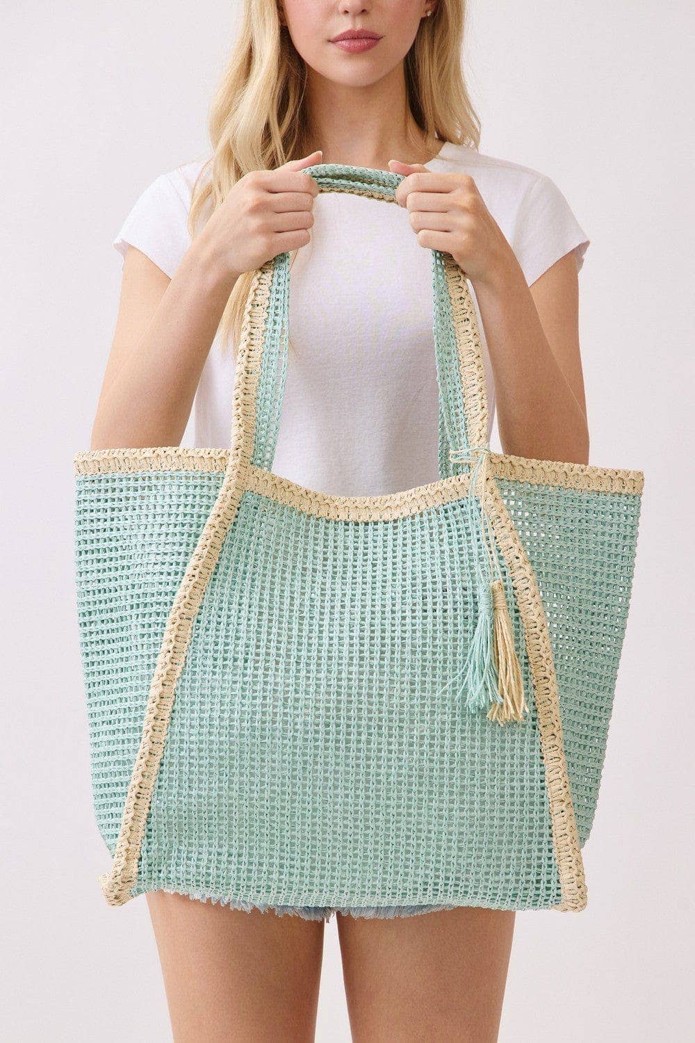 Two Tone Woven Straw Beach Tote Bag