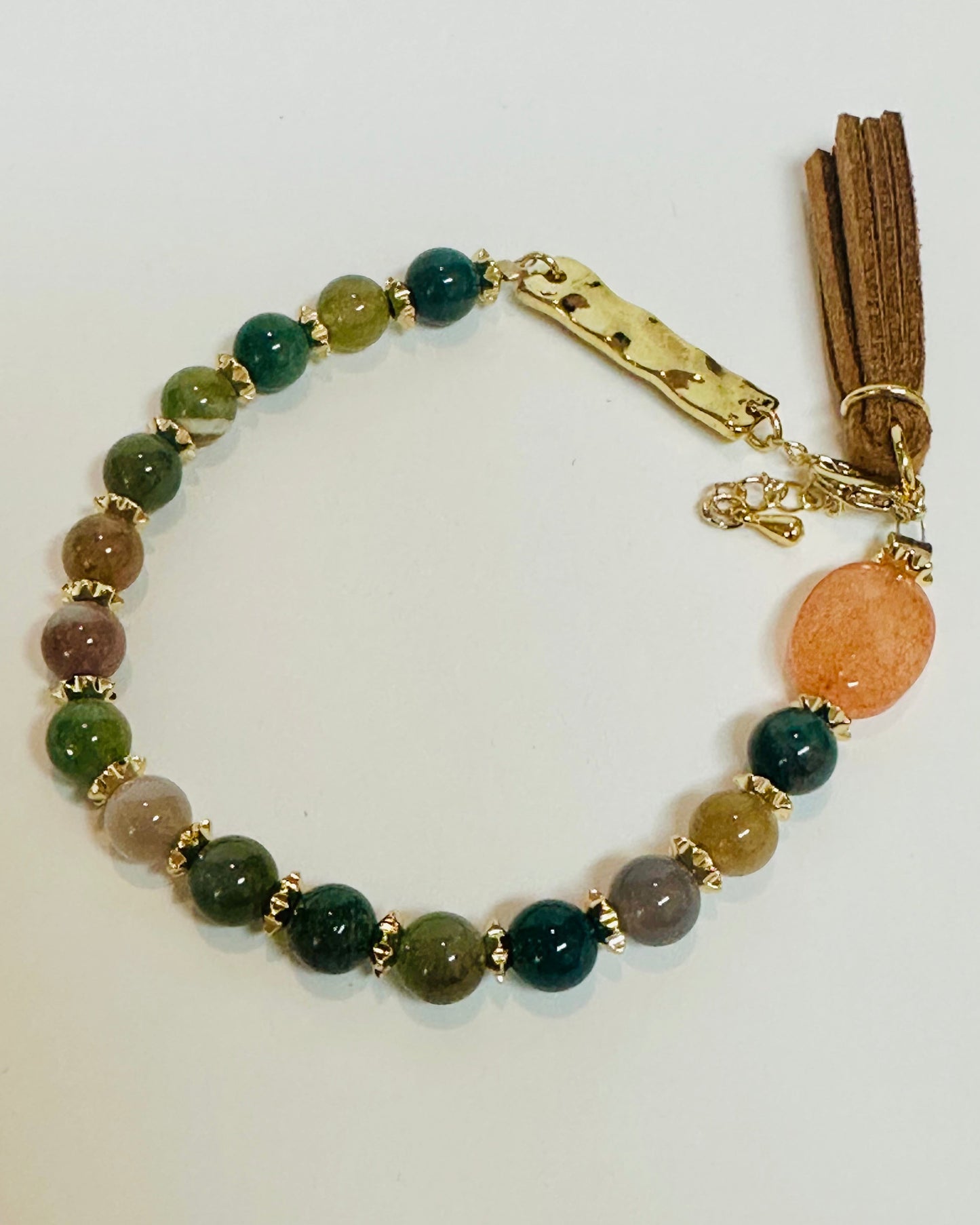 Vintage Jasper Beaded Bracelet with Gold Accents & Tassel