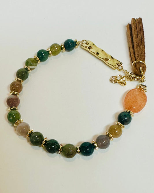 Vintage Jasper Beaded Bracelet with Gold Accents & Tassel