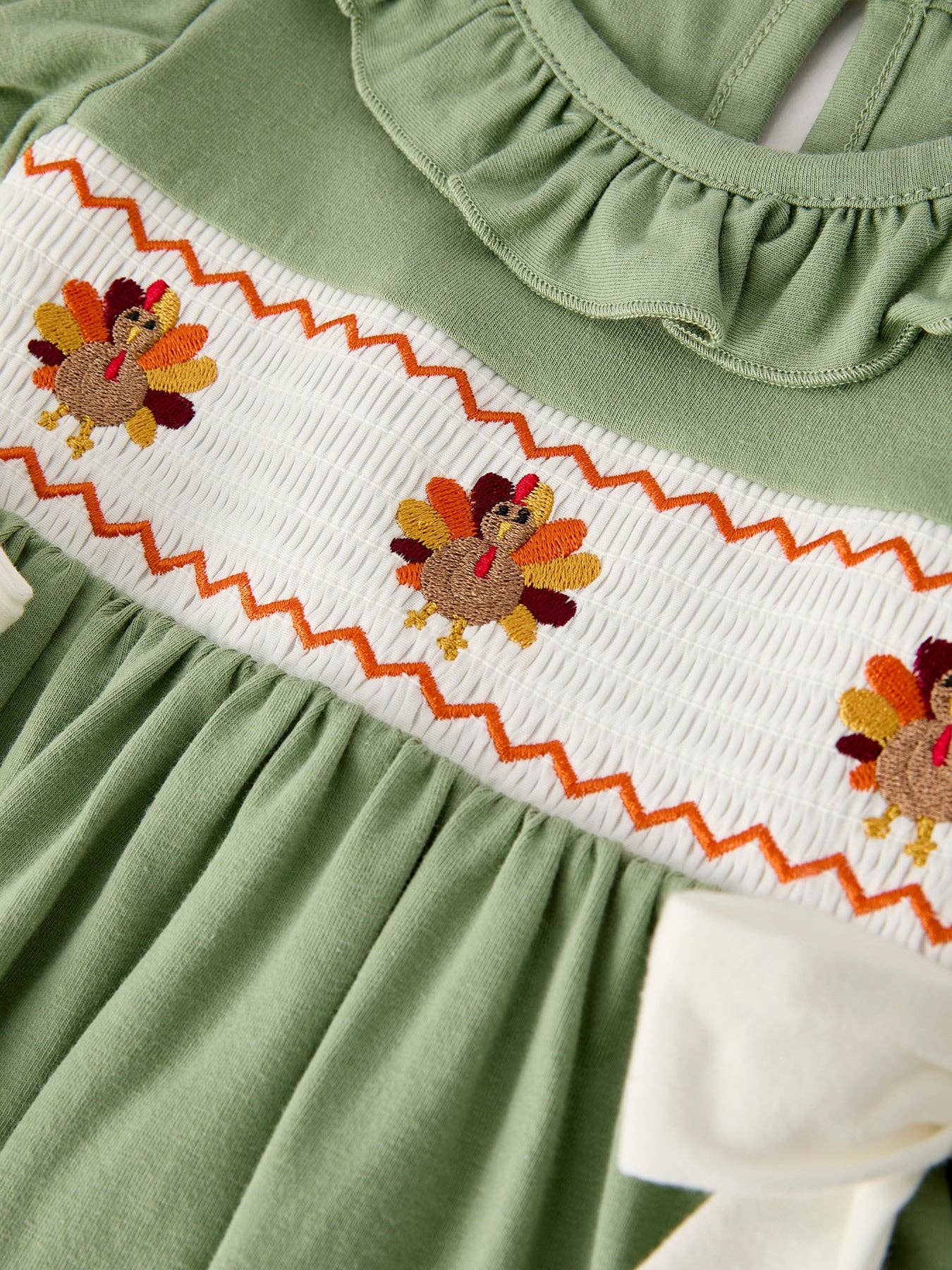 Thanksgiving Smock Embroidered Green Dress