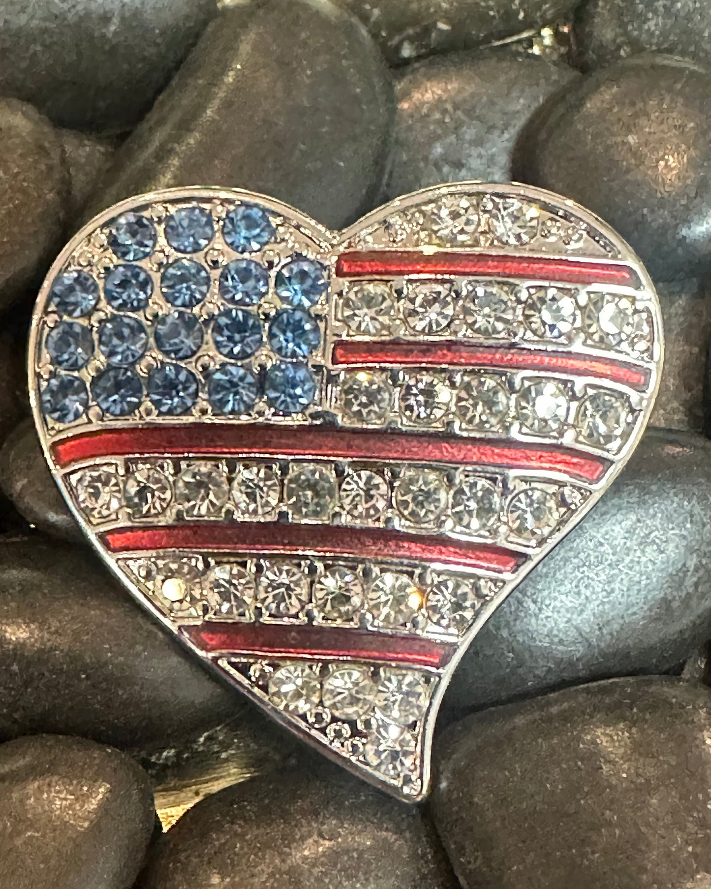 Vintage Rhinestone American Flag Heart Brooch