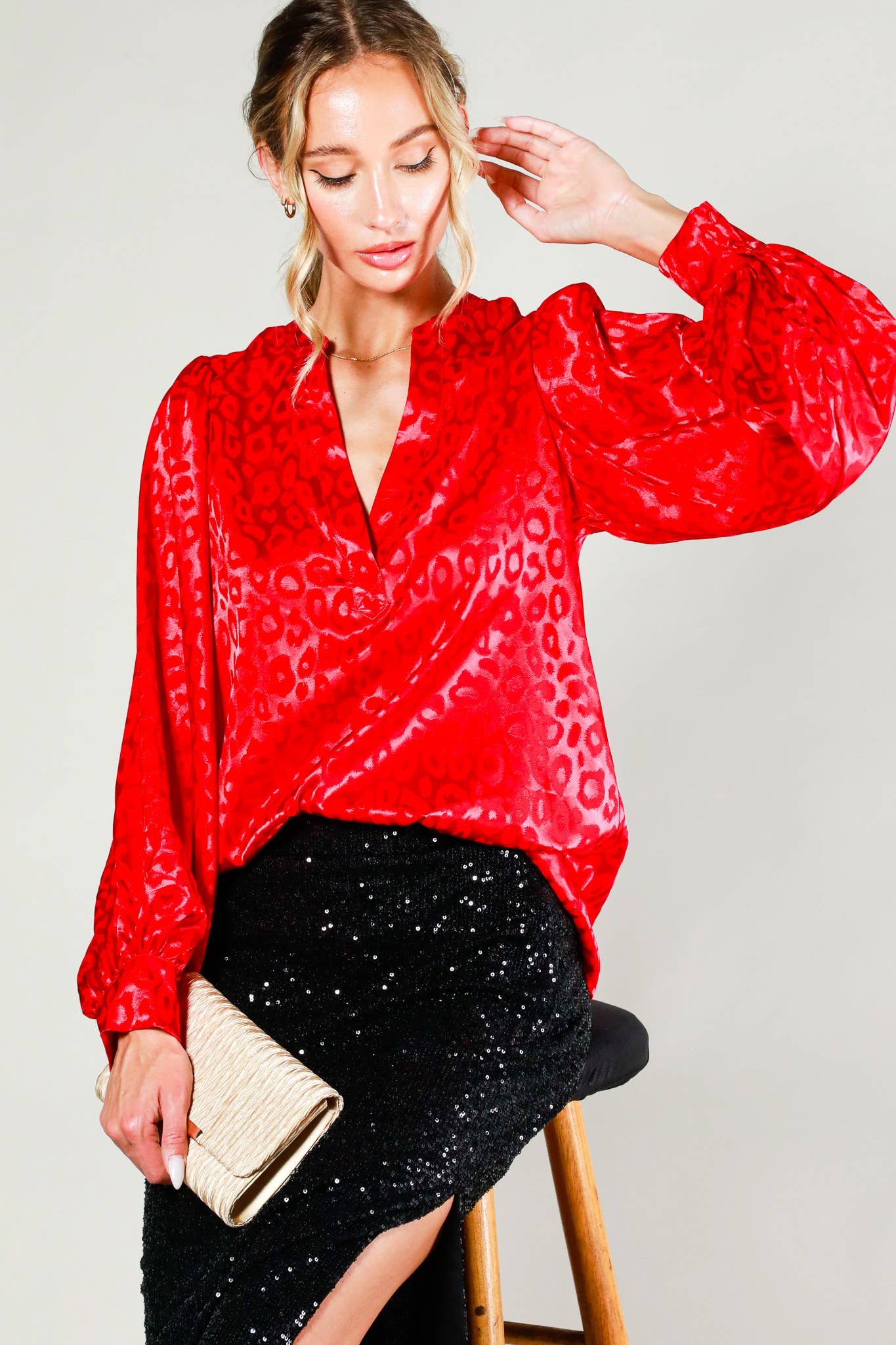 Henley Animal Print Satin Blouse