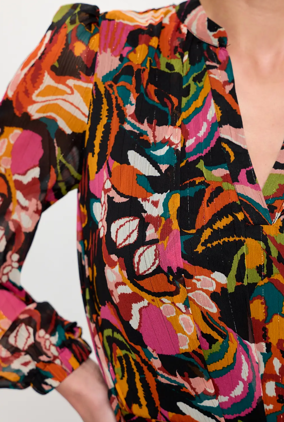 Black Ikat Long Sleeve Chiffon Dress
