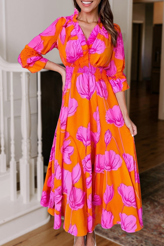 Floral Frilly Smock V Neck Dress