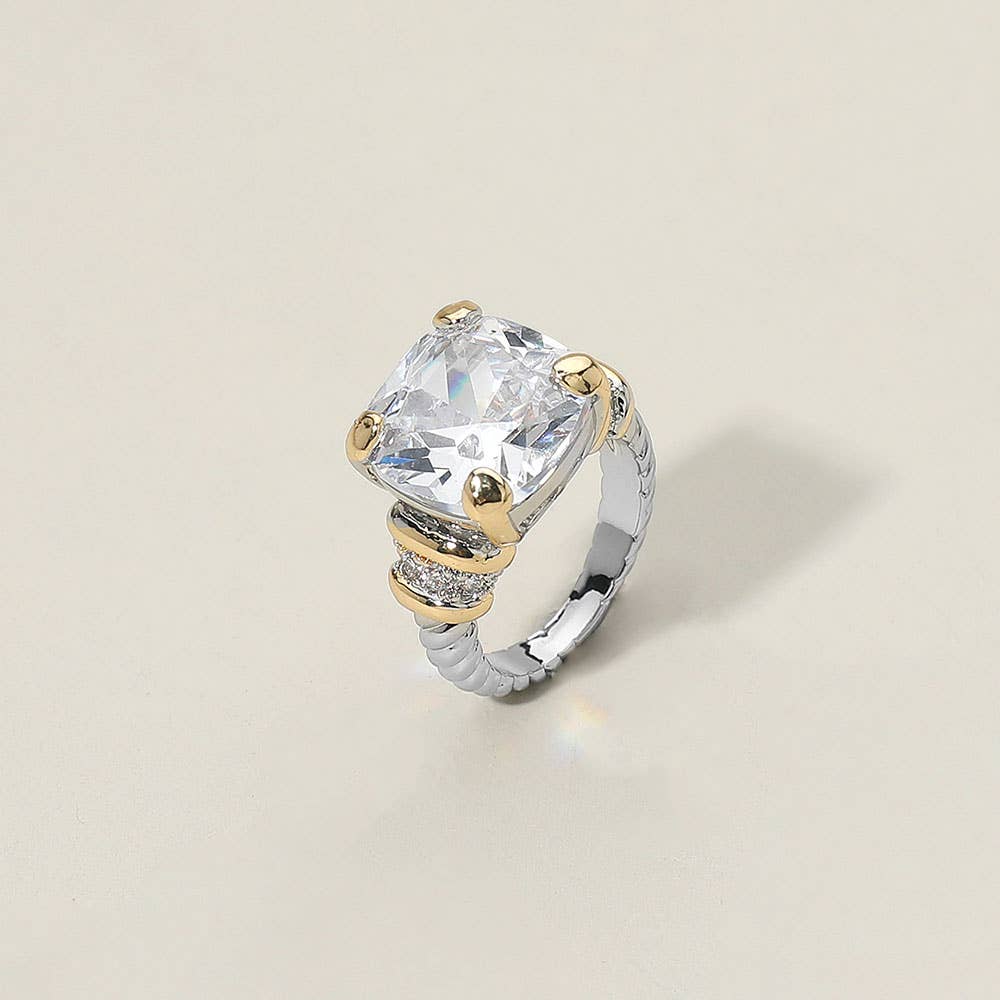 Cushion-Cut CZ Stone Two Tone Statement Ring