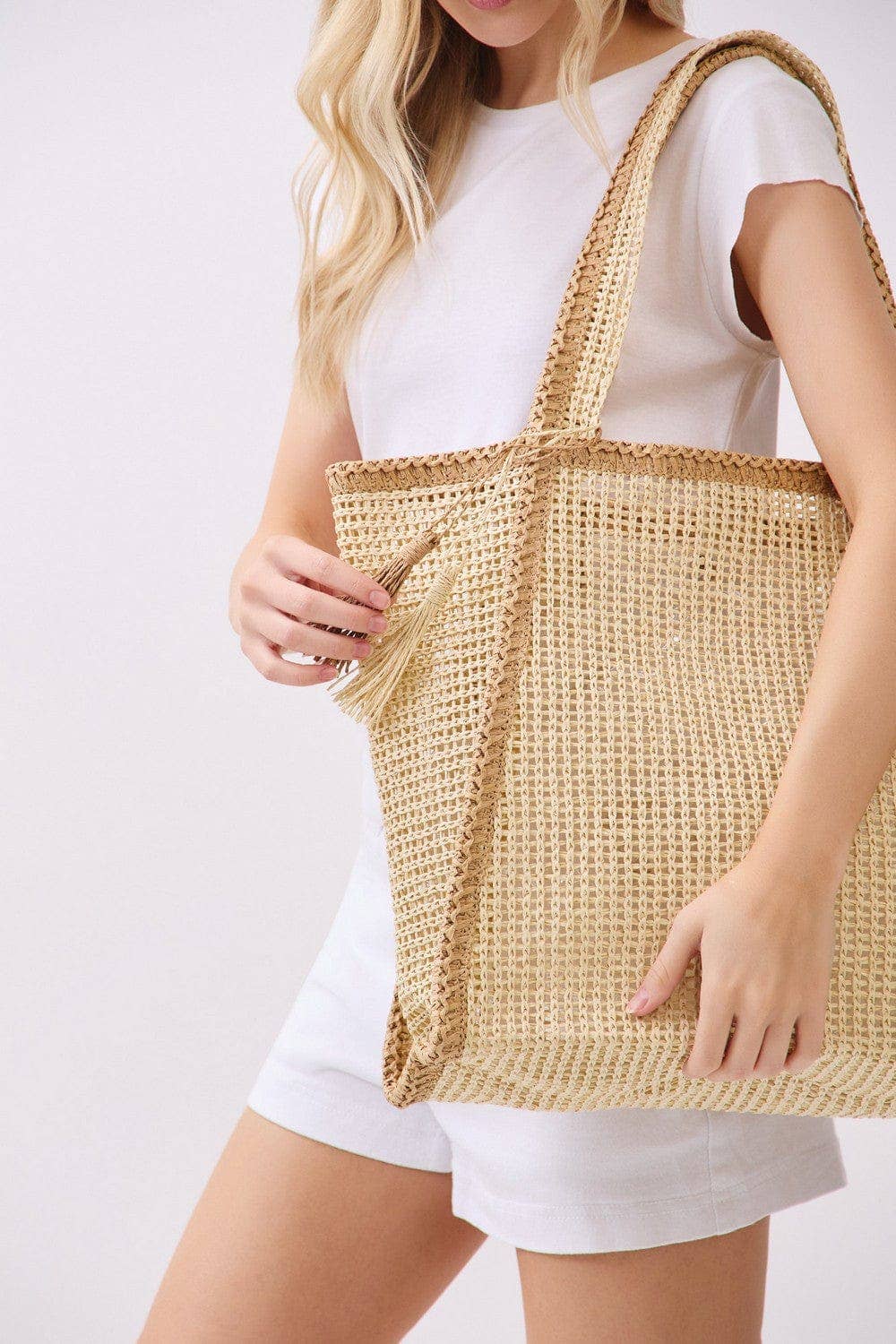 Two Tone Woven Straw Beach Tote Bag