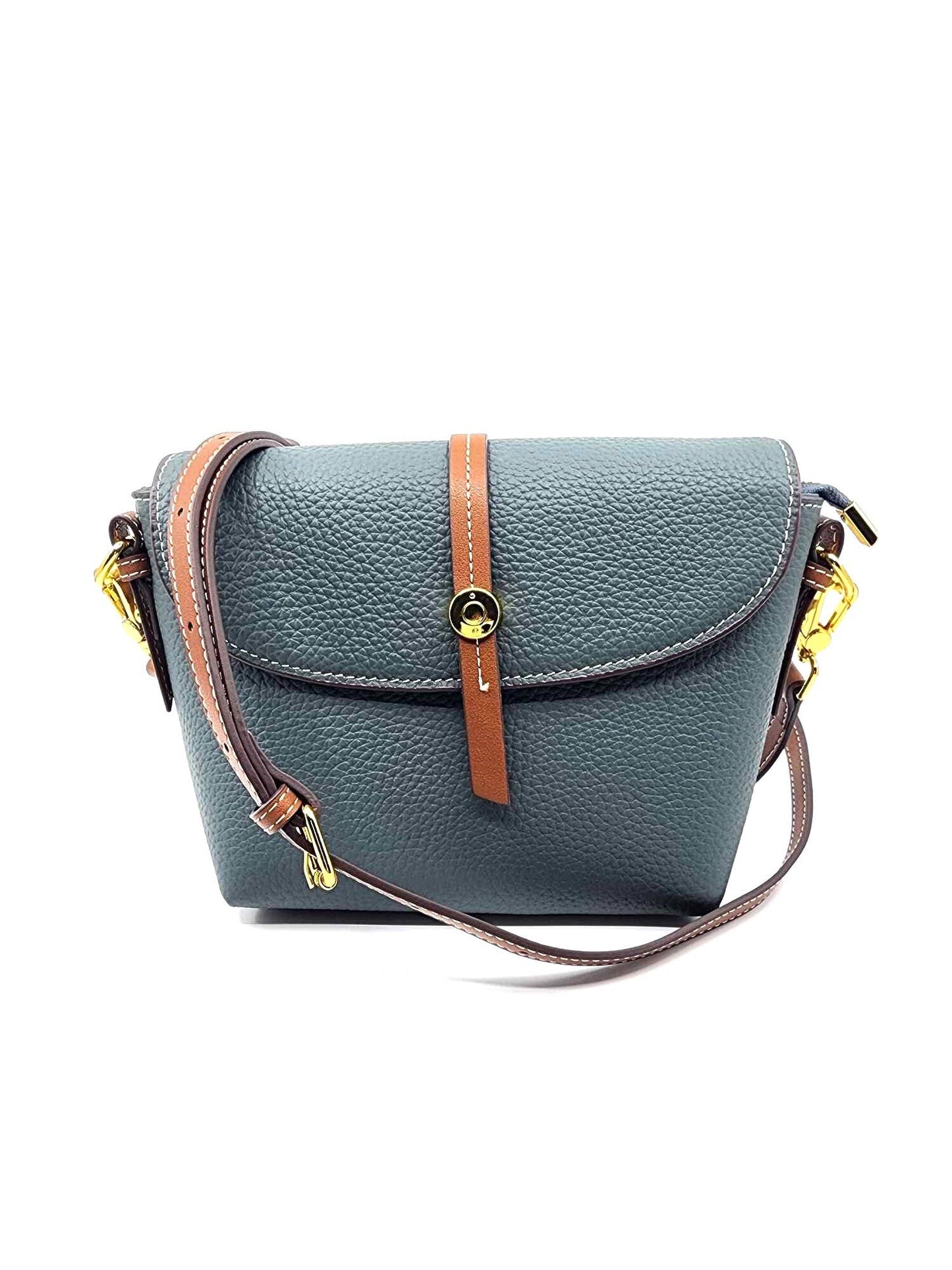 Genuine Pebble Leather Zip Flap Shoulder Handbag