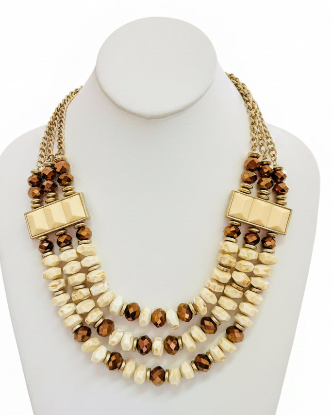 Vintage Deco Block Cream & Bronze Multi-Strand Bib