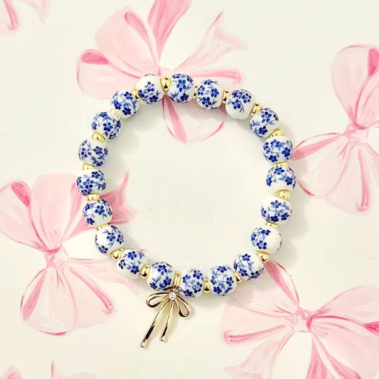 Bow Charm Floral Porcelain Blue Bracelet