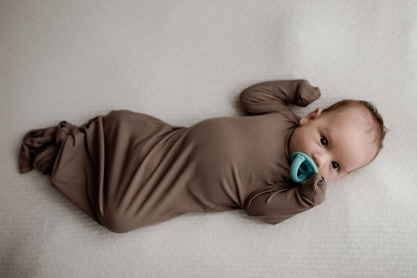 Cocoa Brown Ribbed Knotted Newborn Baby Gown sleepwear
