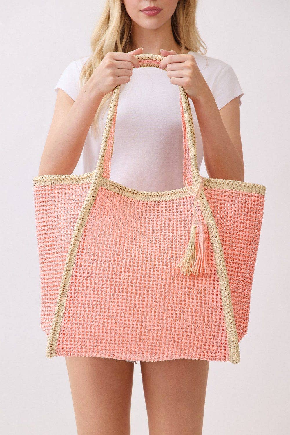 Two Tone Woven Straw Beach Tote Bag