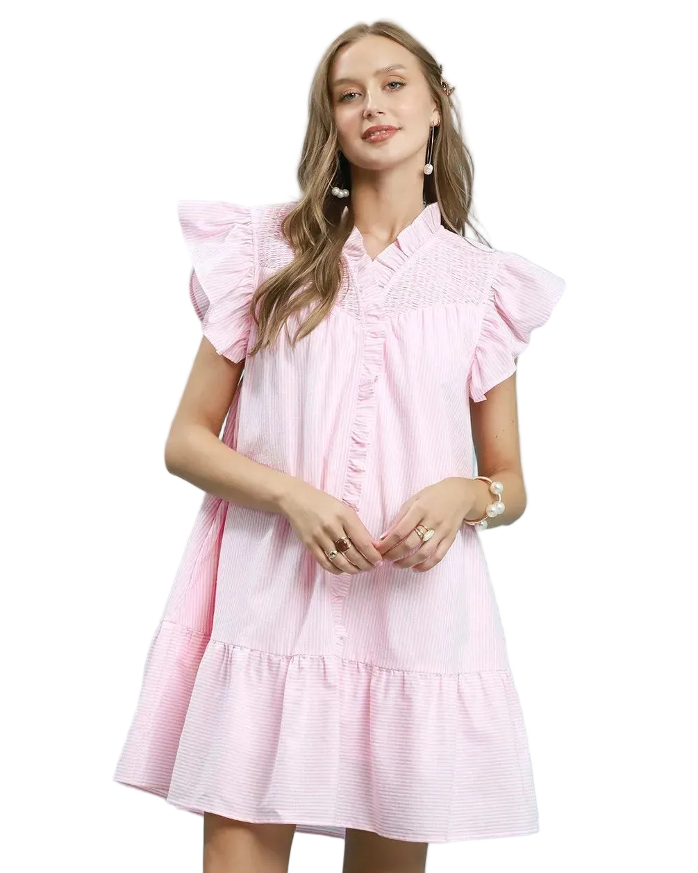 Pink Stripe Smocked Yoke Ruffle Dress