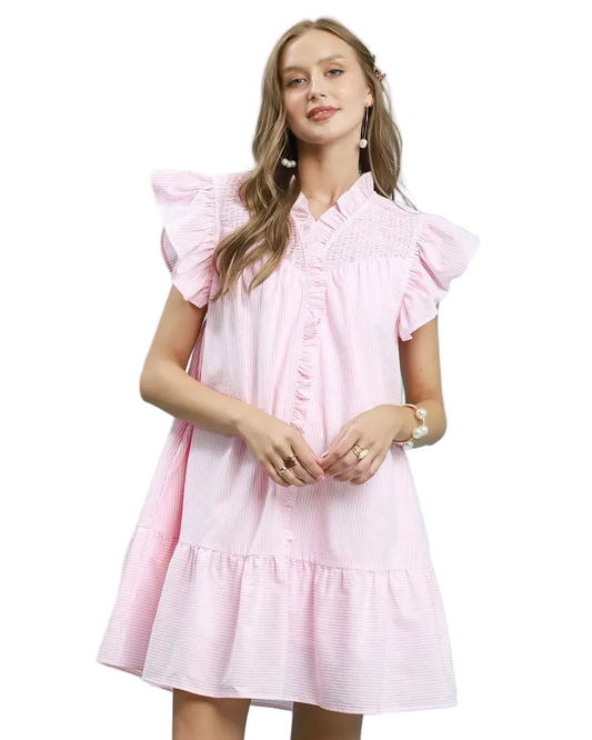 Pink Stripe Smocked Yoke Ruffle Dress