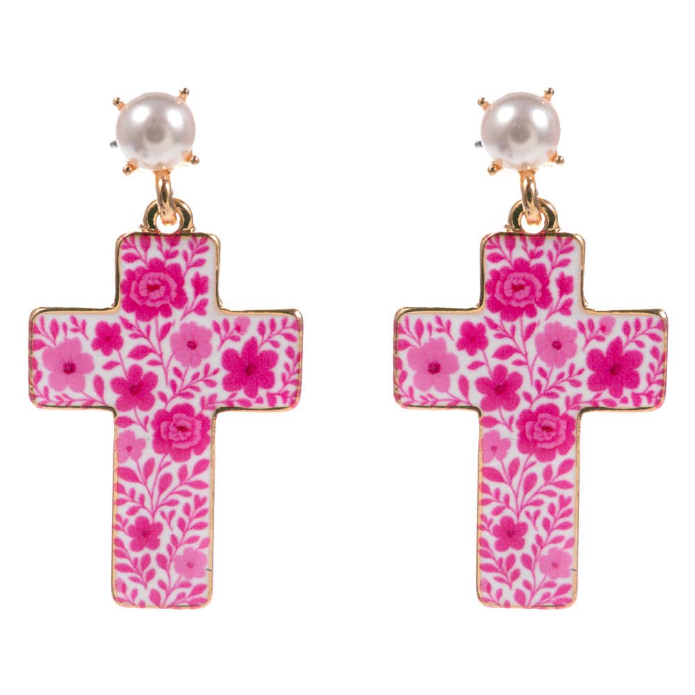 Floral Pattern Cross Drop Dangle Earrings