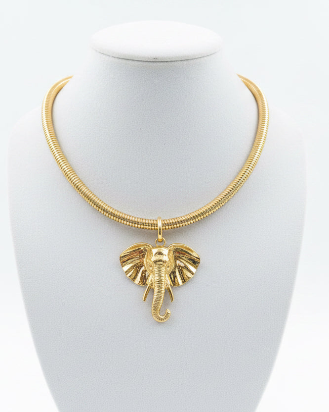 Gold Elephant Omega Pendant Necklace