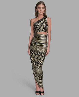 BCBG Striped Asymmetrical One-Shoulder Midi Dress