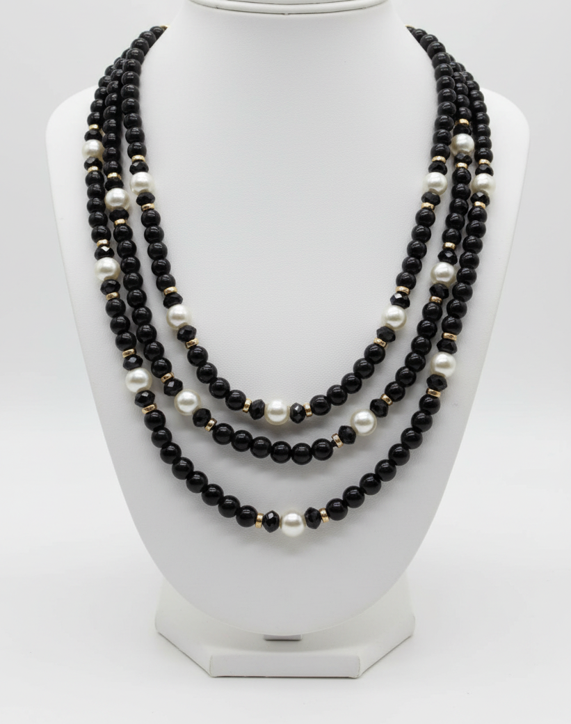 Midnight Symphony Triple-Strand Pearl & Onyx Necklace