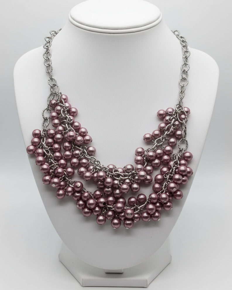 Vintage Mauve & Silver Pearl Cluster Bib Necklace