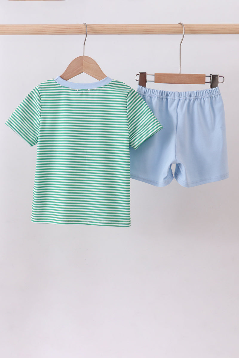 Green Stripe Clover Golf Cart Appliqué Shorts Set