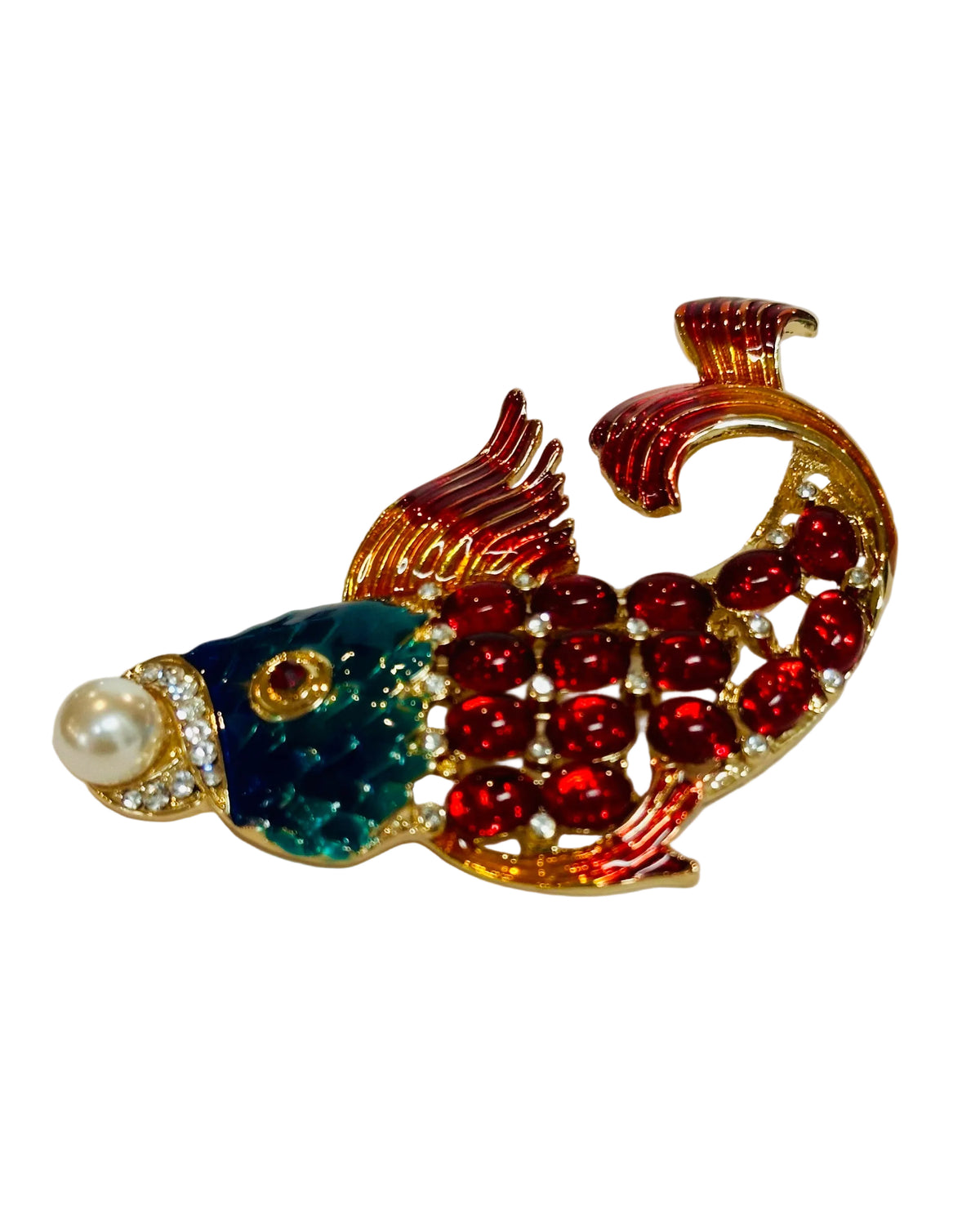 Enamelled Koi Fish Statement Brooch with Pearl and Ruby Rhinestones
