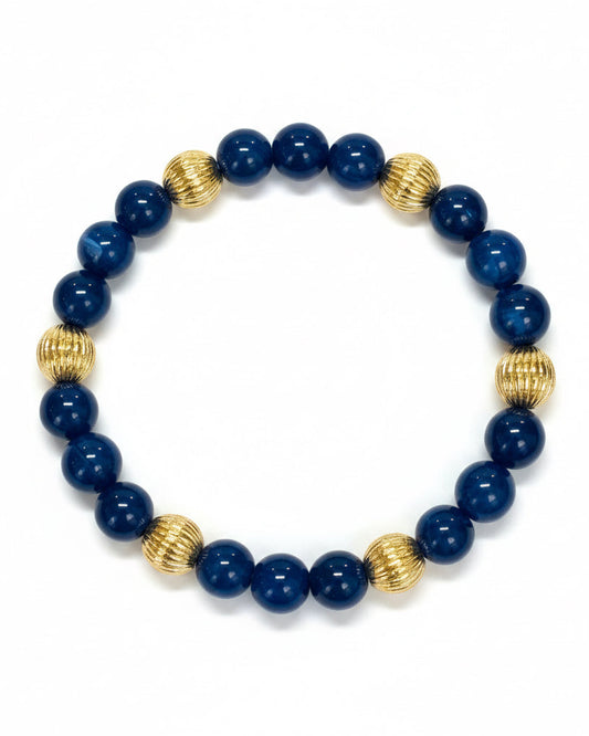 Vintage Deep Blue Lapis Gemstone Stretch Bracelet with Gold Corrugated Accents