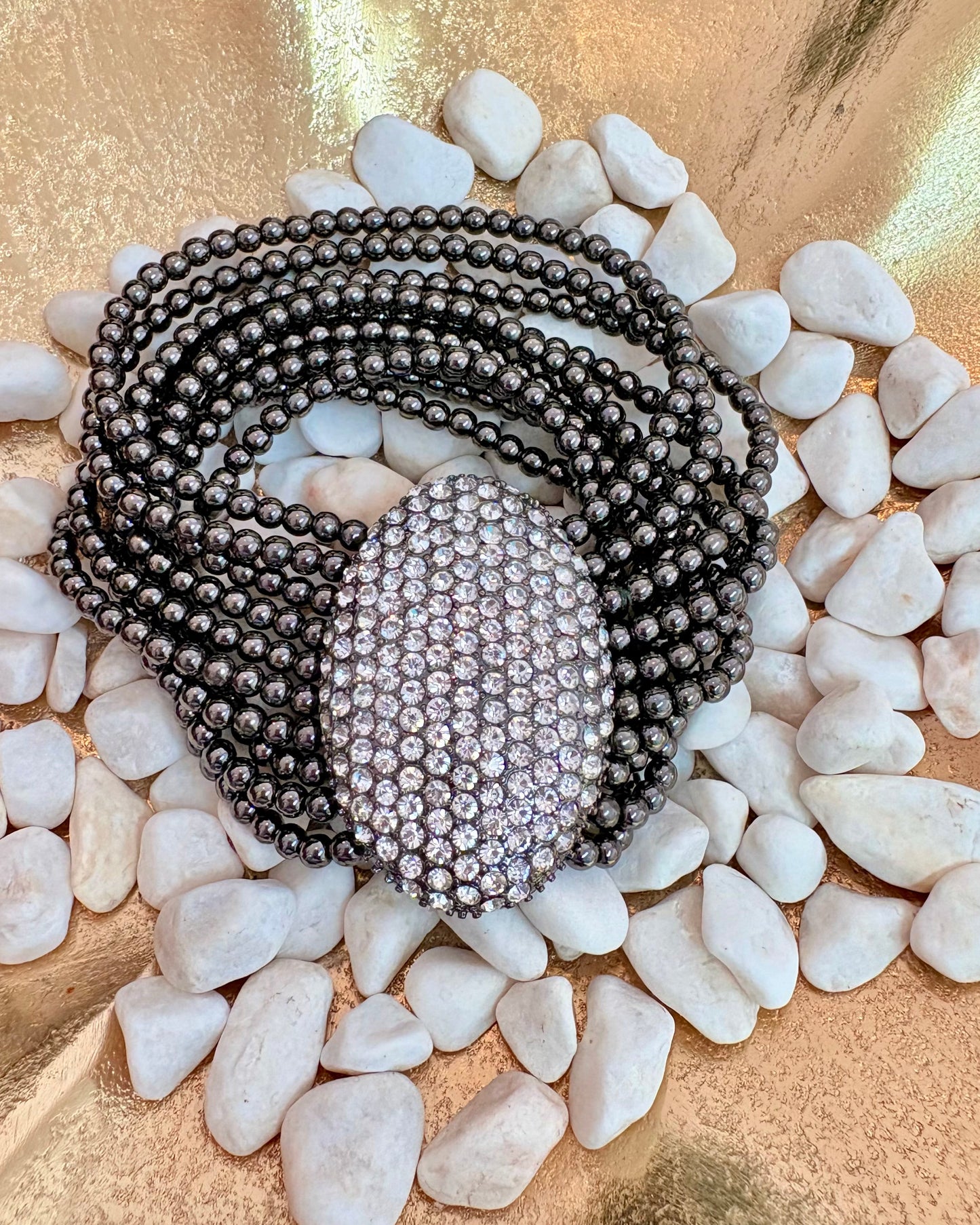 Vintage Multi-Strand Gunmetal Bead & Rhinestone Bracelet