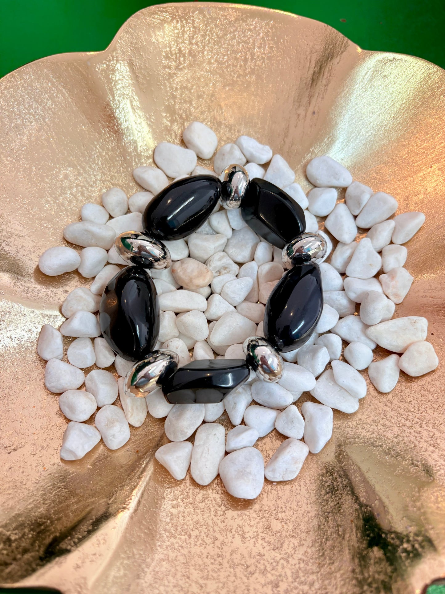 Chunky Geometric Onyx & Polished Silver Bead Statement Bracelet