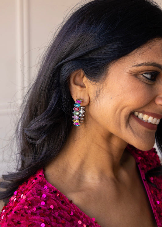 Keep It Stunning Multicolor Rhinestone Silver Hoops