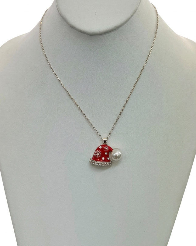 The Crimson Cheer Pearl Santa Hat Pendant Necklace