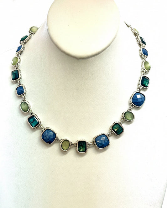 Faceted Mosaic Collar Necklace in Seafoam, Emerald, & Sapphire Blue