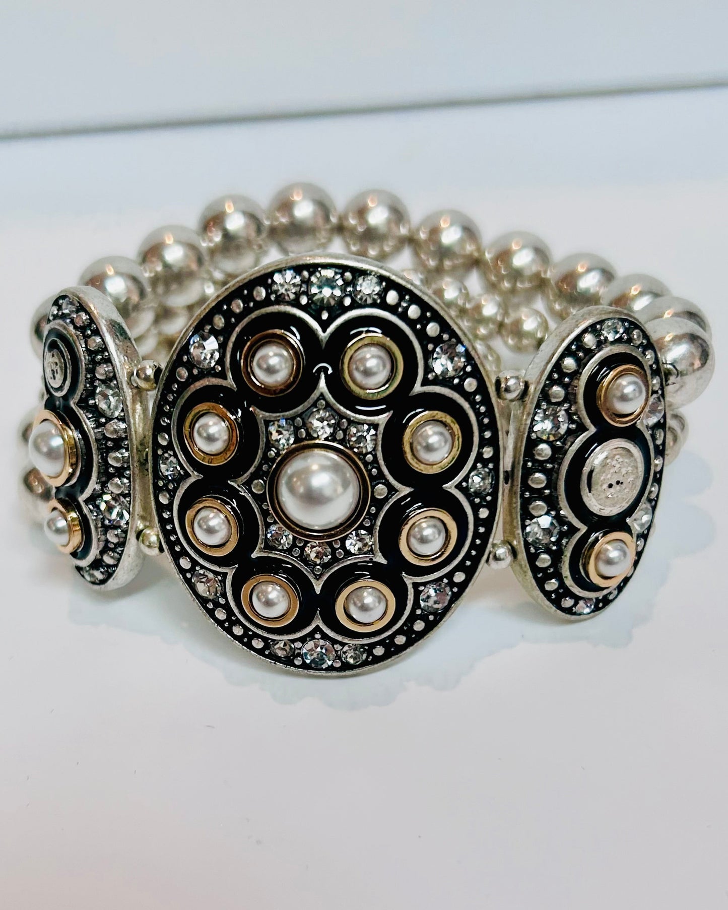Vintage Mixed Metal Faux Pearl Stretch Panel Bracelet