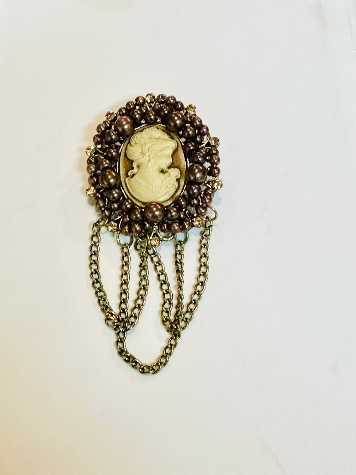 Vintage Victorian Revival Faux Wine Pearl & Swag Chain Cameo Brooch