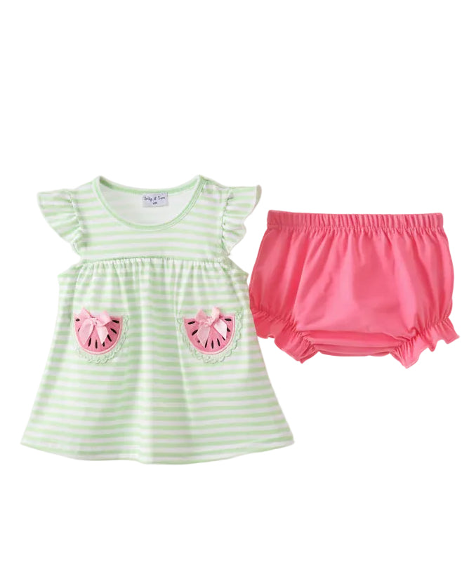 Green Watermelon Ruffle Stripe Bloomer Set