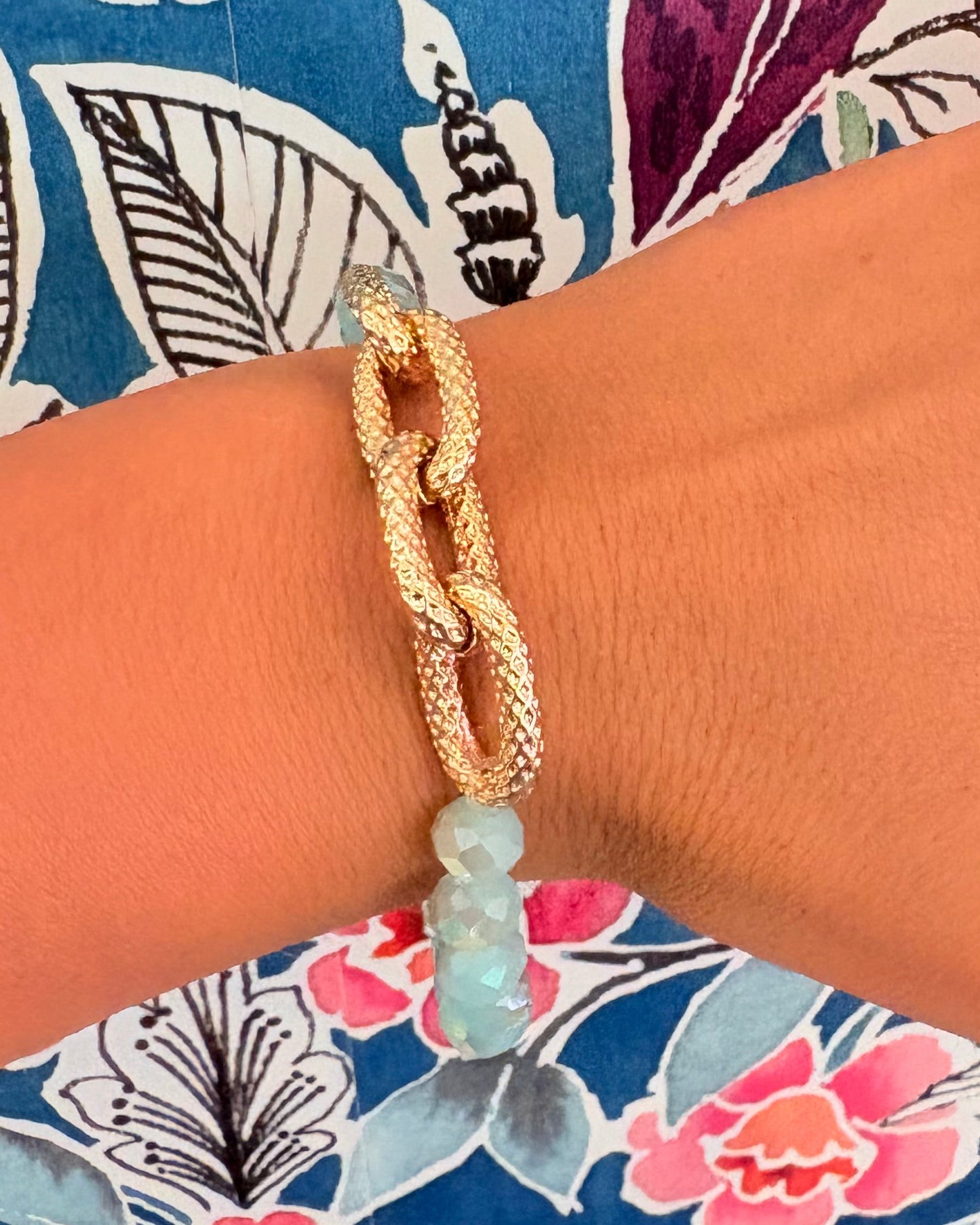 Vintage Blue Faceted Bead Textured Chain Bracelet