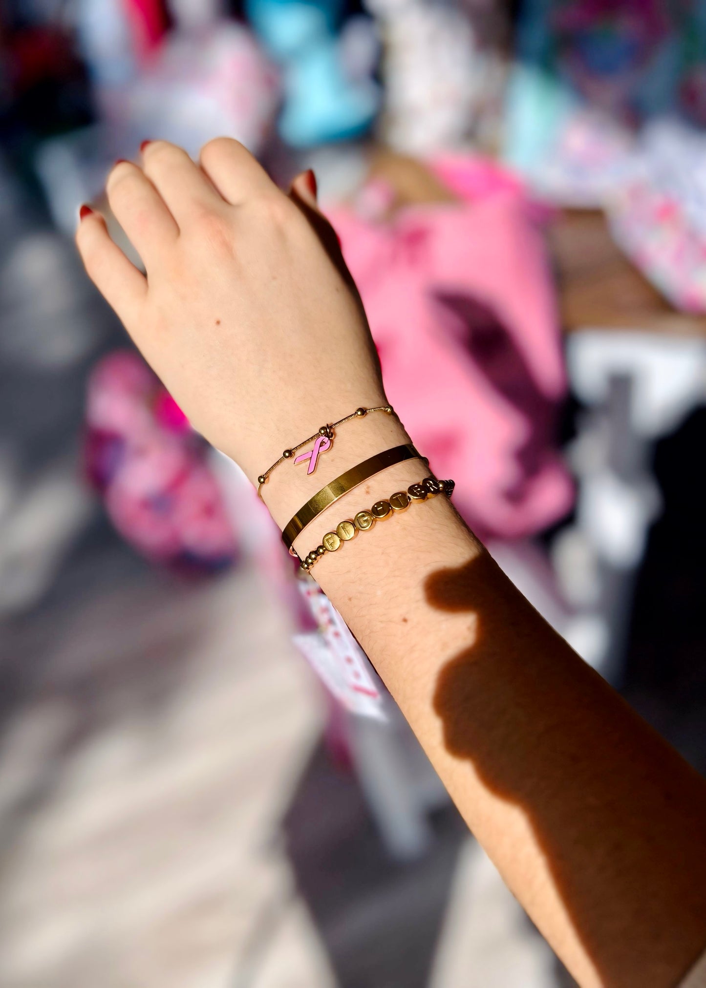 Breast Cancer Awareness Adjustable Ribbon Charm Bracelet