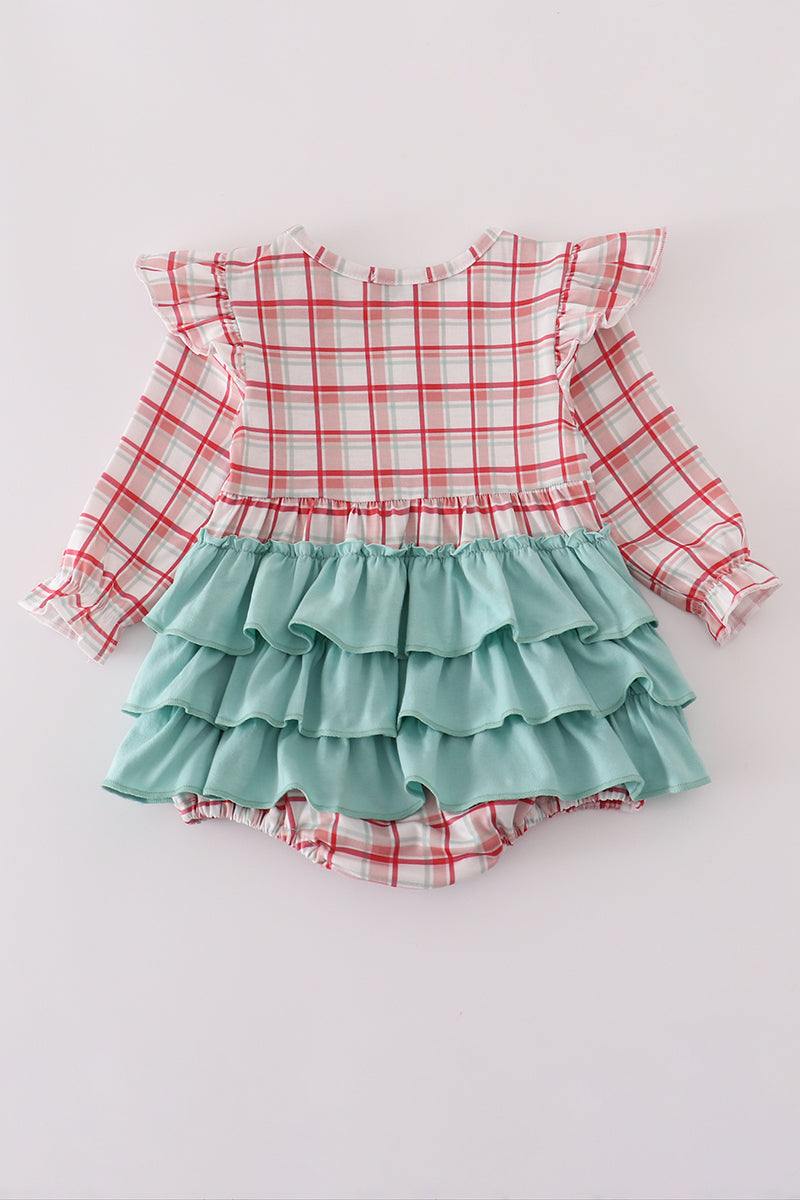 Red Plaid Farm Embroidery Ruffle Bubble