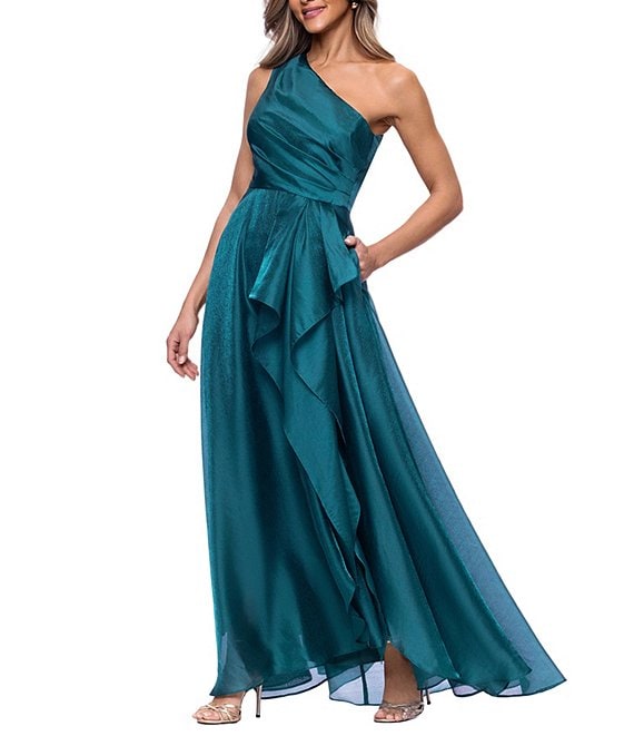 XSCAPE Metallic Draped One-Shoulder Gown