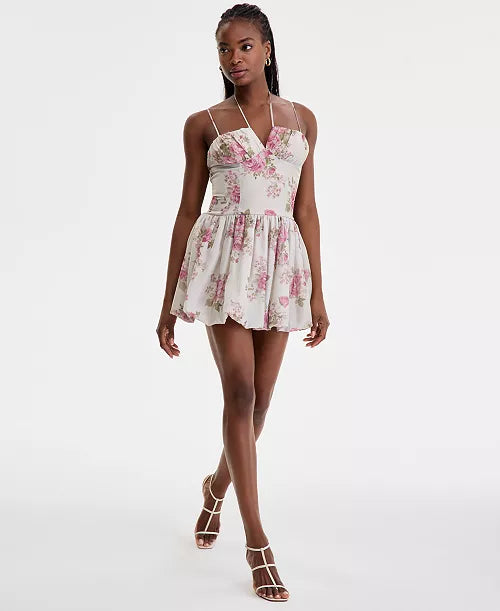 Juniors' Rose-Print Bubble-Hem Mini Dress