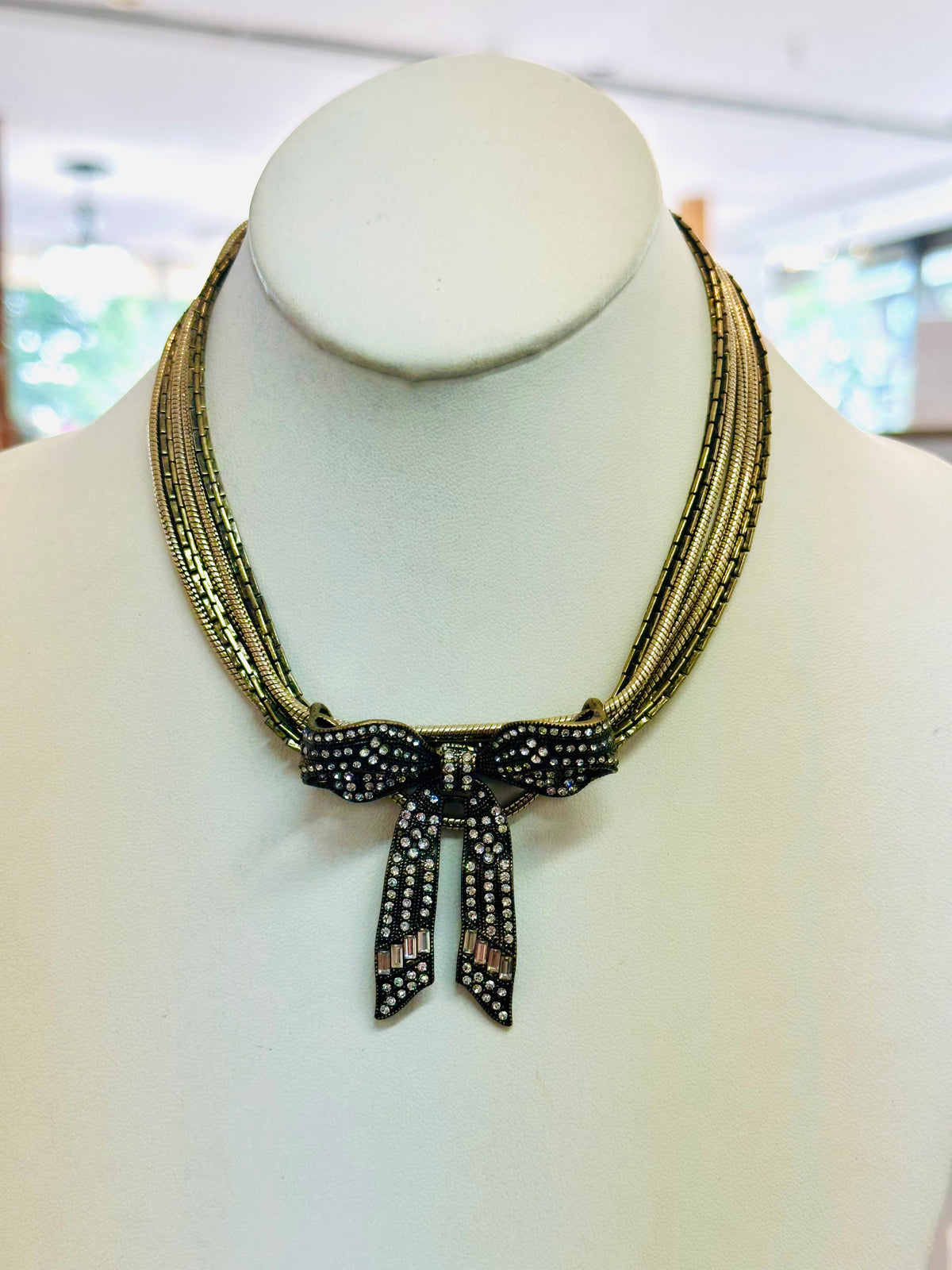 Vintage Multi-Strand Liquid Gold Collar Necklace with Rhinestone Tuxedo Bow