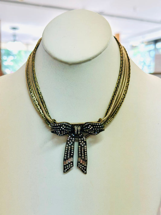 Vintage Multi-Strand Liquid Gold Collar Necklace with Rhinestone Tuxedo Bow