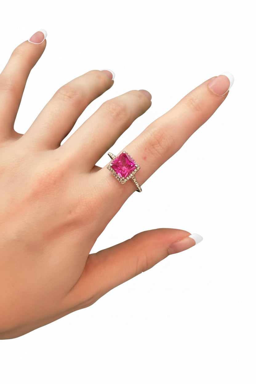 Electric Fuchsia CZ Princess Halo Ring
