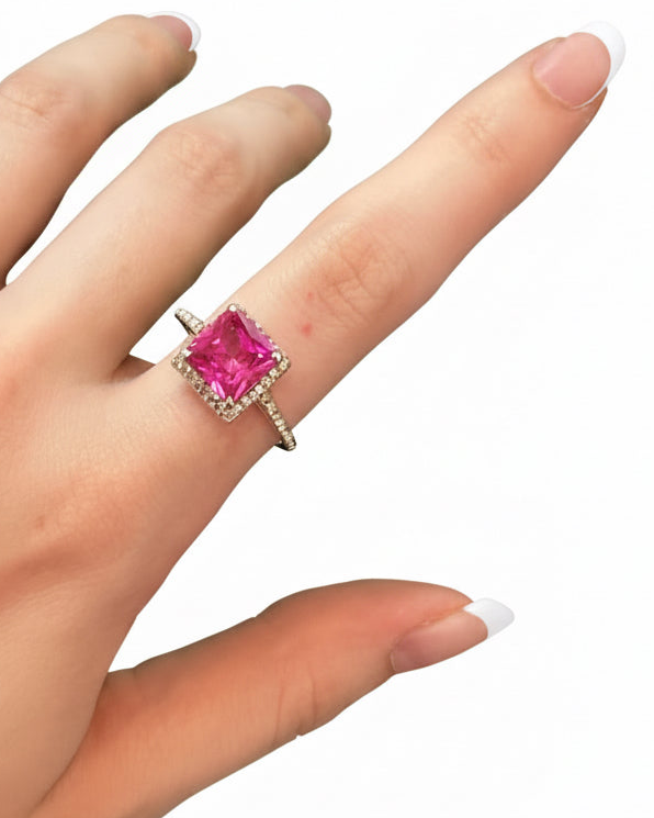 Electric Fuchsia CZ Princess Halo Ring