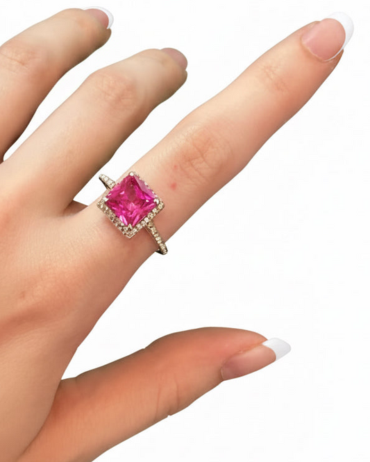 Electric Fuchsia CZ Princess Halo Ring