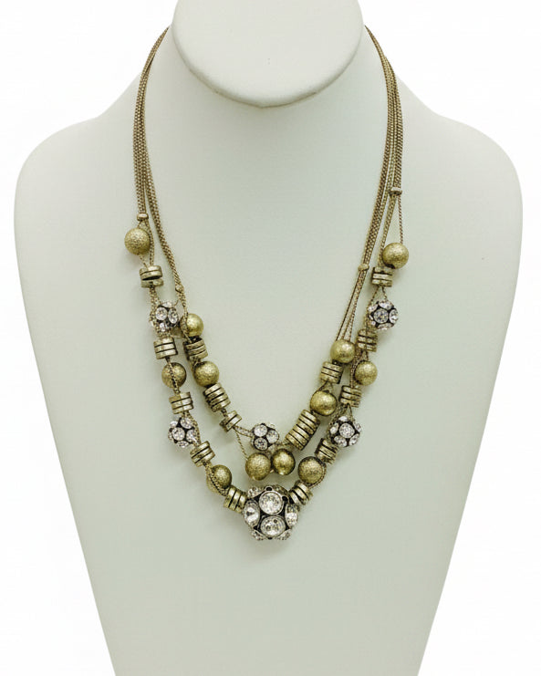Vintage Triple-Strand Gilded Statement Necklace with Brilliant Crystal Clusters