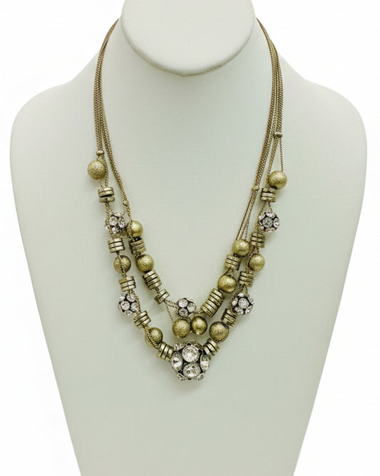 Vintage Triple-Strand Gilded Statement Necklace with Brilliant Crystal Clusters