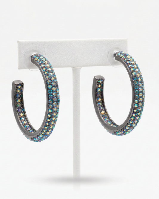 Vintage Iridescent Rhinestone Crescent Hoop Earrings