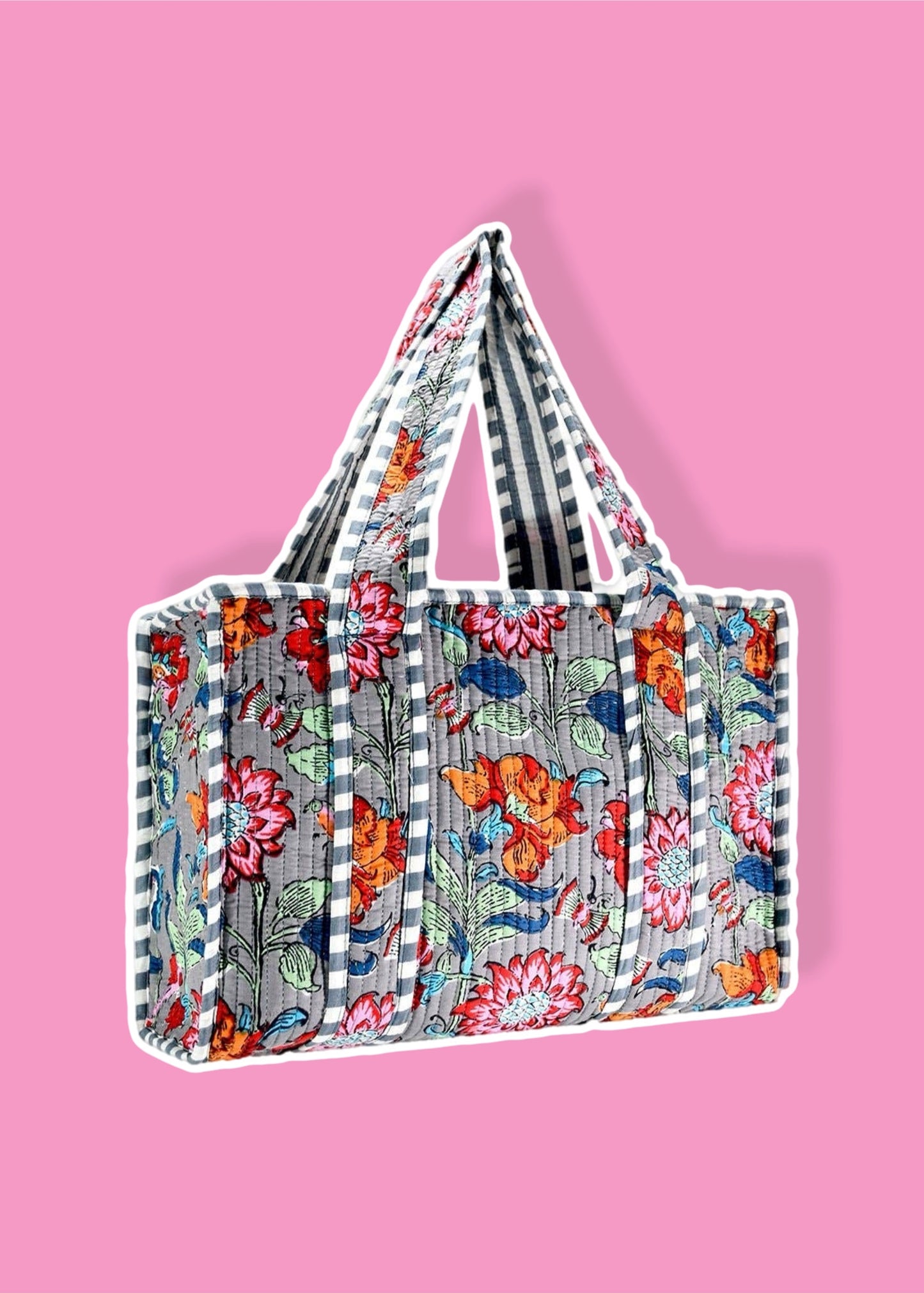 Gray Floral Cotton Tote Bag- Large