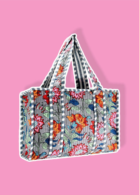 Gray Floral Cotton Tote Bag- Large